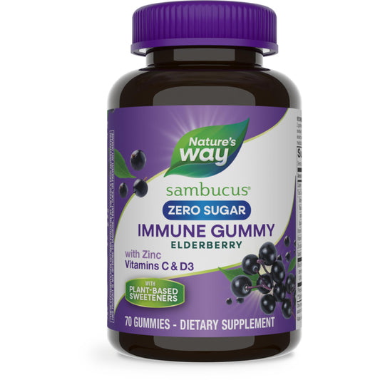 Nature's Way Sambucus Zero Sugar Immune Gummies, Daily Immune Support*, Black Elderberry Extract, Vitamin C, Vitamin D3, Zinc, Sugar Free, Sugar Alcohol Free, Plant-Based Sweeteners, 70 Gummies