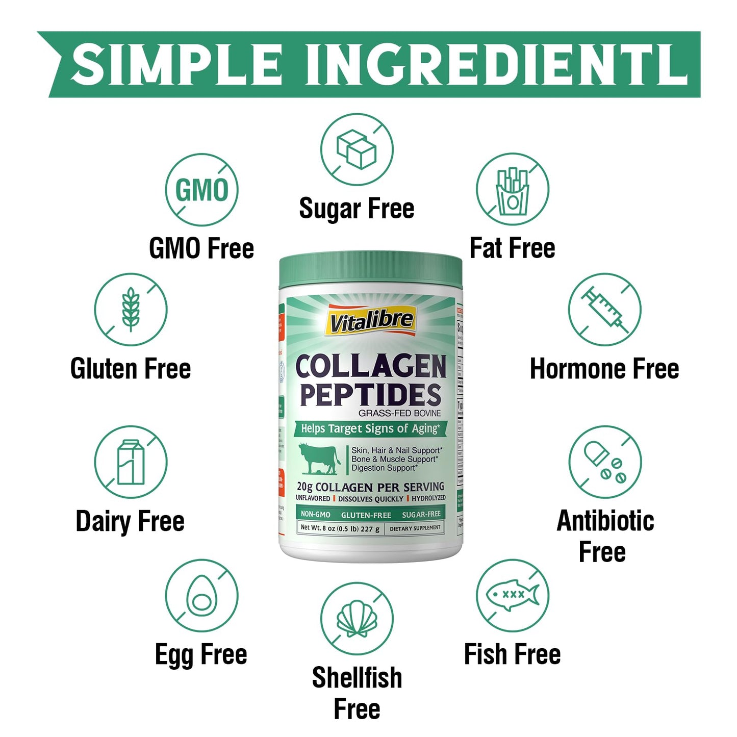 Vitalibre Bovine Collagen Peptides Powder for Women and Men, Grass-Fed Hydrolyzed Collagen Protein Type I & III, Skin, Hair, Nails, Bones, Digestion, Unflavored, Non-GMO, Keto & GF, 11 Servings, 8oz