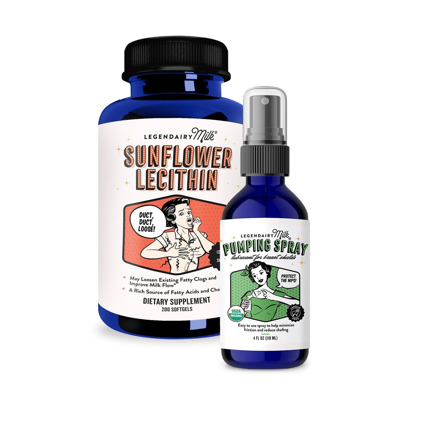 Legendairy Milk Sunflower Lecithin + Pumping Spray Bundle - Lactation Supplement for Clogged Milk Ducts with Organic Natural Lubricant for Breast Shields, Made in USA