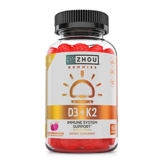 Zhou D3+K2 - Vitamin D3 K2 Supplement for Women & Men, Immune Support Vit D3 and K2 Gummy, Gelatin Free Formula with 5000 IU of D3 and MK-7 - 60 Veggie Gummies (Pack of 1)