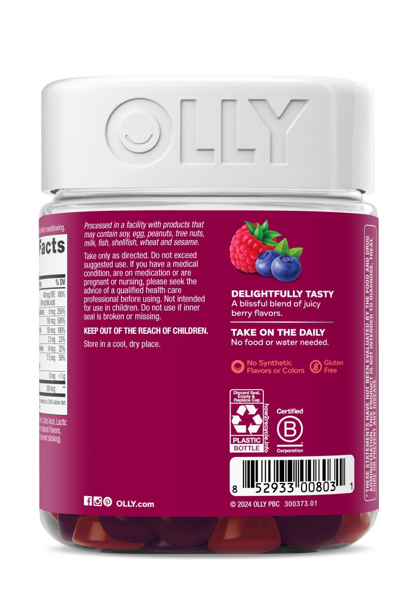 OLLY Women's Daily Multivitamin Gummy, Vitamins A, D, C, E, Biotin, Folic Acid, Adult Chewable Vitamin, Berry Flavor, 65 Day Supply - 130 Count