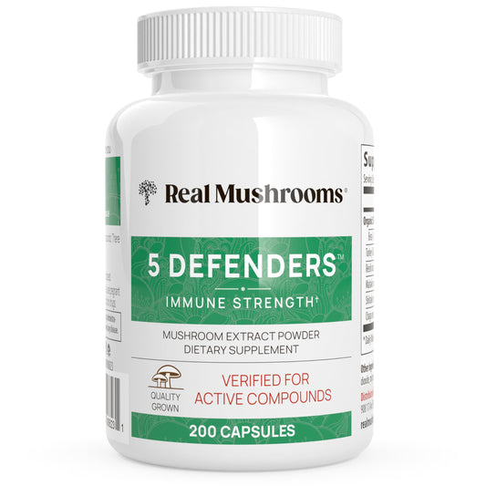 Real Mushrooms 5 Defenders Mushroom Complex – Organic Adaptogenic Mushroom Blend with Chaga, Reishi, Turkey Tail, Maitake & Shiitake for Wellness Support - Mushroom Beta Glucan Capsules - 200 Count