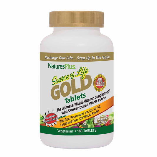 NaturesPlus Source of Life Gold Multivitamin - 180 Tablets - Blood Support, Bone Support, Healthy Immune System - Includes Vitamins D3, B12, K2 & Over 120 Whole Food Nutrients - 60 Servings