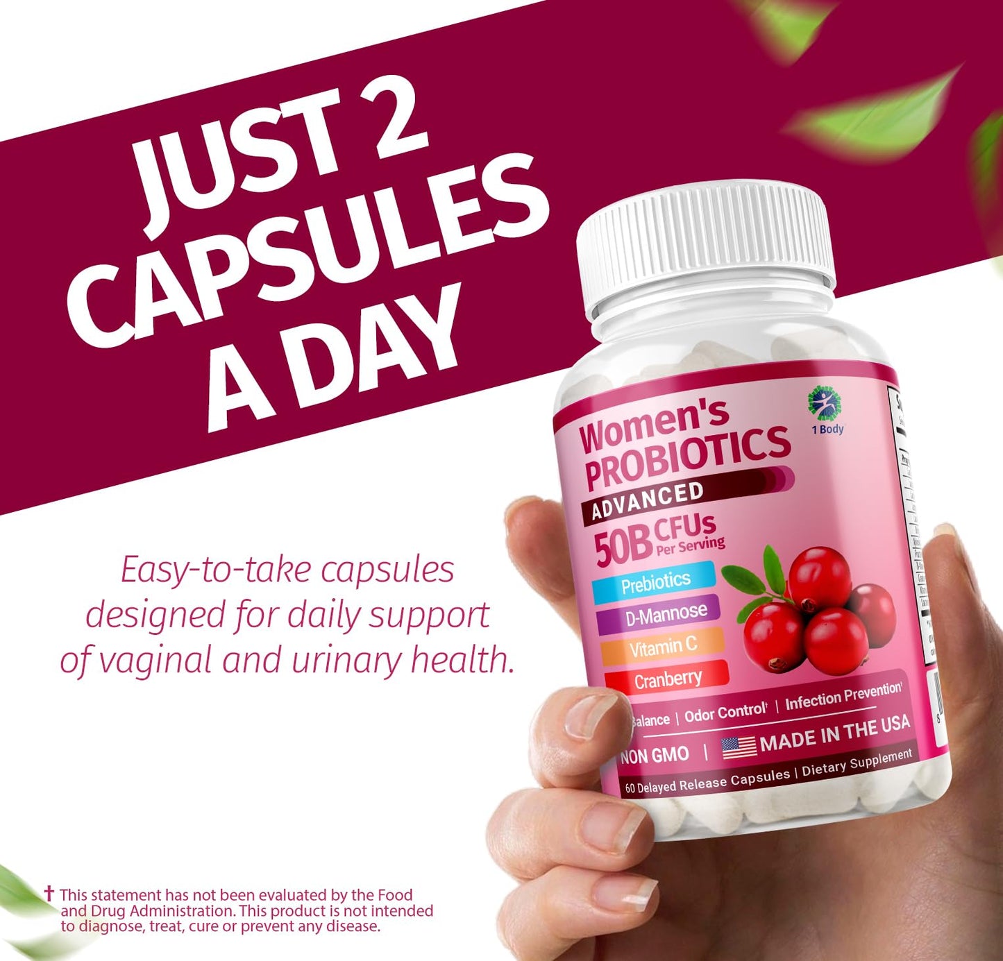 1 Body Women's Probiotic Supplement, 50 Billion CFU, Vaginal and Digestive Health Support, 60 Vegan Capsules