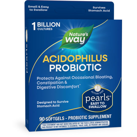 Nature's Way Acidophilus Probiotic Pearls, Supports Digestive Balance and Gut Health*, Protects Against Occasional Constipation and Bloating*, 1 Billion Live Cultures, 90 Softgels (Packaging May Vary)