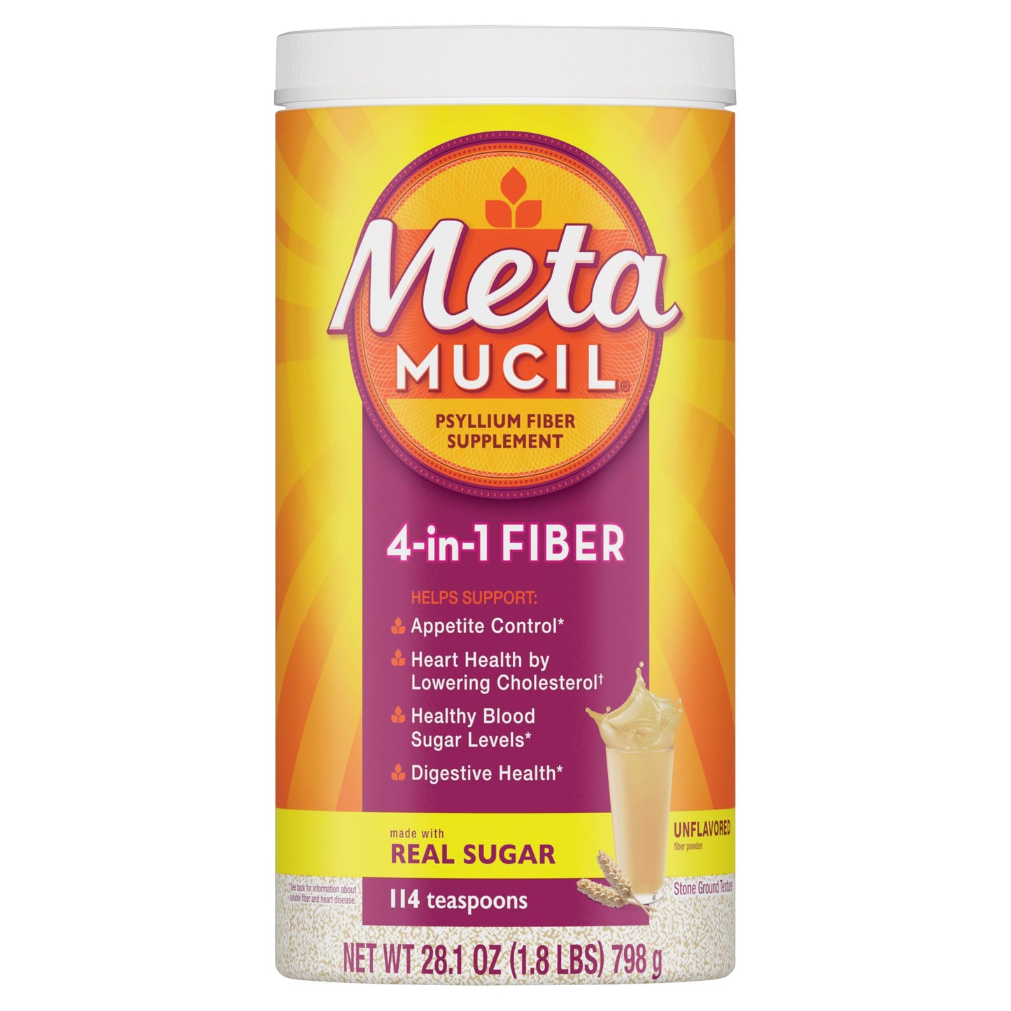 Metamucil, Daily Psyllium Husk Powder Supplement with Real Sugar, 4-in-1 Fiber for Digestive Health, Orange Smooth Flavored Drink, 114 Servings