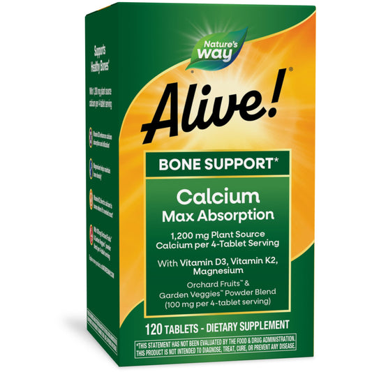 Nature's Way Alive! Calcium Max Absorption, Bone Support*, Plant Source Calcium, Vitamin D3 & K2, Magnesium, 120 Tablets (Packaging May Vary)