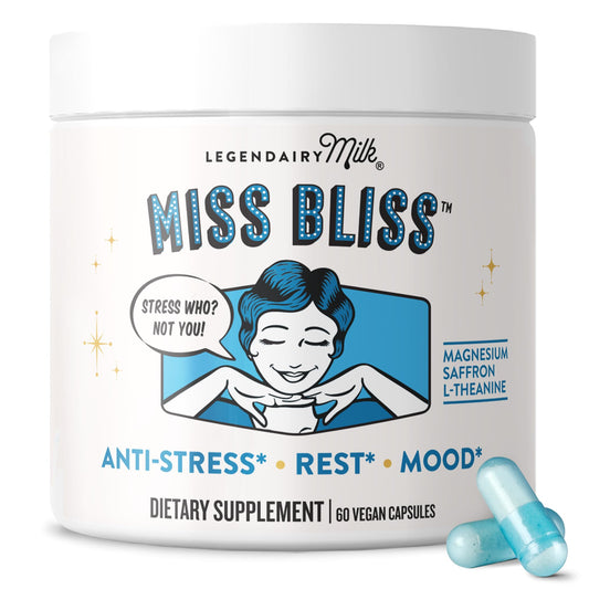 Legendairy Milk Miss Bliss™ Daily Stress Support Supplement – with Saffron, L-Theanine & Magnesium – Helps Promote Calm, Relaxation & Balanced Mood – 60 Capsules