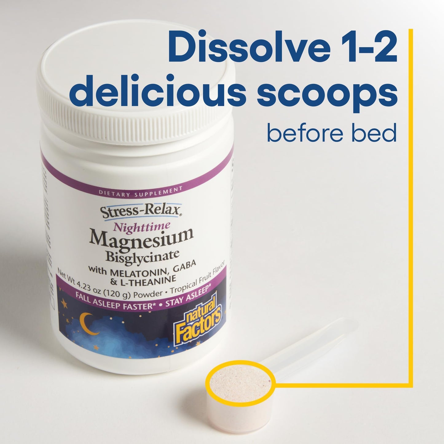 Natural Factors Stress-Relax Nighttime Magnesium Bisglycinate Powder with Melatonin, L-Theanine and Pharma GABA, Supports Sleep & Relaxation, Tropical Flavor, 4.23 oz Powder