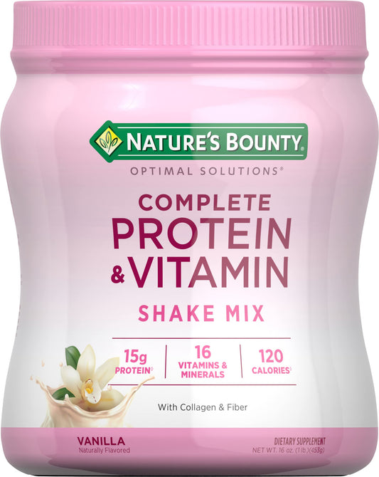 Nature's Bounty Complete Protein & Vitamin Shake Mix with Collagen & Fiber | Contains Vitamin C for Immune Health | Vanilla Flavored | 1 lb