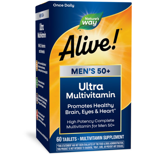 Nature's Way Alive! Men’s 50+ Daily Ultra Multivitamin, High Potency Formula, Supports Healthy Brain, Eyes & Heart*, with Methylated B12, Gluten-Free, 60 Tablets (Packaging May Vary)