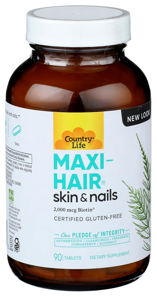 Pre-Order | Arrives in 5–10 Days – Country Life Maxi-Hair Supplement - 2000mcg Biotin & Vitamins for Hair, Skin & Nails - Certified Gluten-Free & Vegetarian - Supports Hair Growth, 90 Tablets
