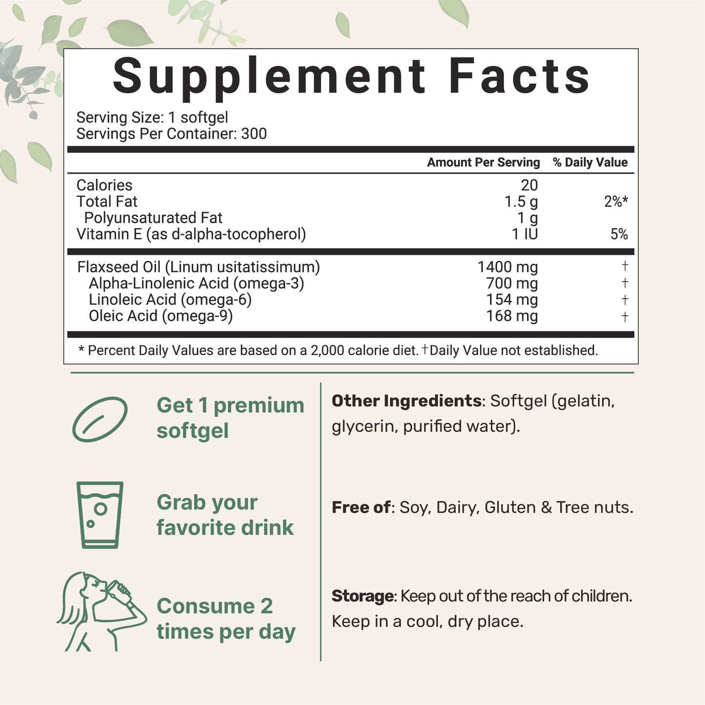 Pre-Order | Arrives in 5–10 Days – Flaxseed Oil 1400mg Softgels, 300 Counts | w/ 700mg ALA Omega 3, Cold Pressed, Rich in Fatty Acids, Alpha Linolenic Acid, Support Heart Health & Immune System | Non-GMO, No Gluten - 300 Servings