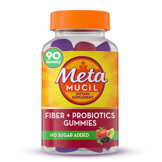 Metamucil Fiber Supplement Gummies with Probiotics for Bloating Relief, No Sugar Added Strawberry Kiwi BlackBerry Flavors, 5g Prebiotic Plant Based Fiber Blend, 90 Count