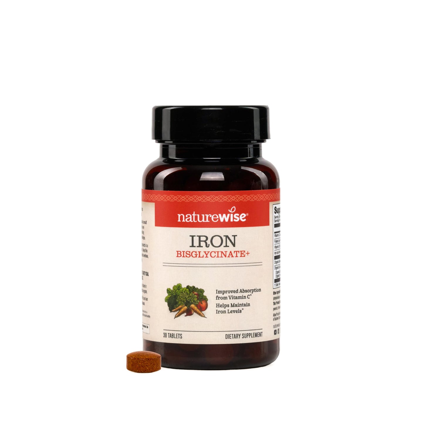 NatureWise Vegan Iron Supplement for Women & Men - Gentle on Stomach High Absorption - Coated Iron Bisglycinate Tablets + Vitamin C, Methyl B12, Folate & Organic Food Blend - 30 Tablets[30-Day Supply]