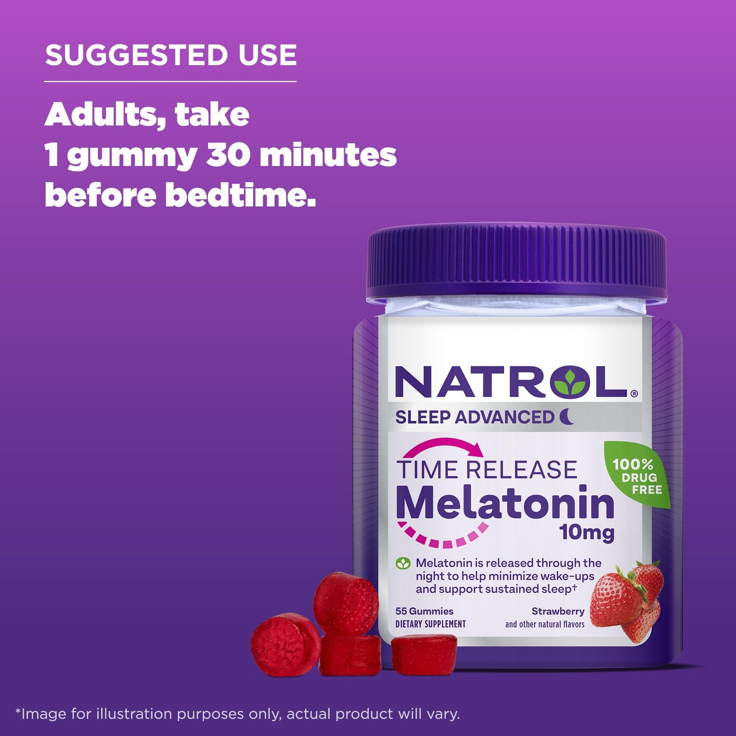 Natrol 10 mg Melatonin Gummies, Time Release Sleep Gummies for Adults, Minimize Wake Ups, Strawberry-Flavored, 55 Count, 55 Day Supply