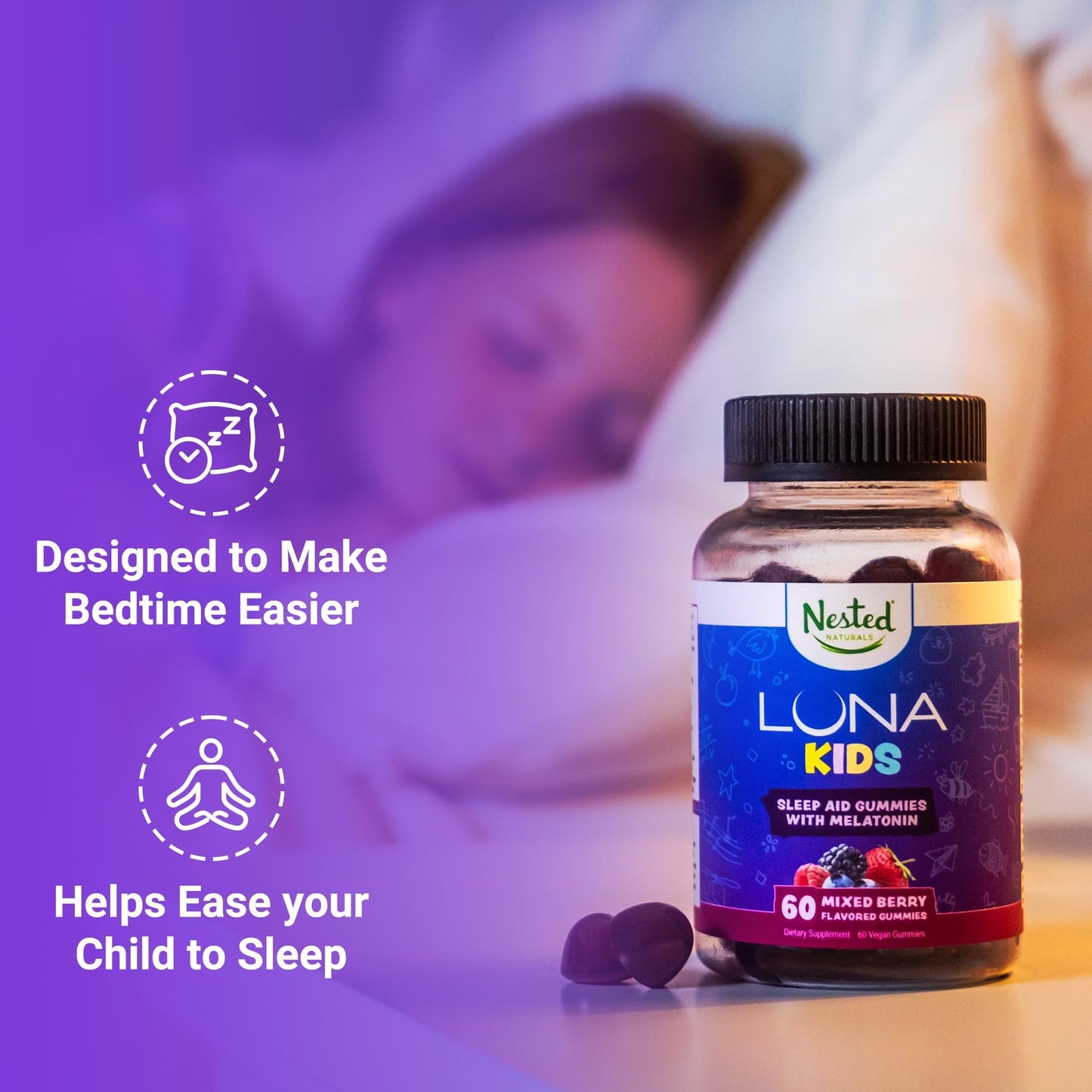 Nested Naturals Luna Kids Sleep Gummies - Non-Habit Forming Kids Melatonin Gummy with Valerian Root, Chamomile, and Lemon Balm - Children's Melatonin Sleep Aid - Mixed Berry, 60 Vegan Gummies