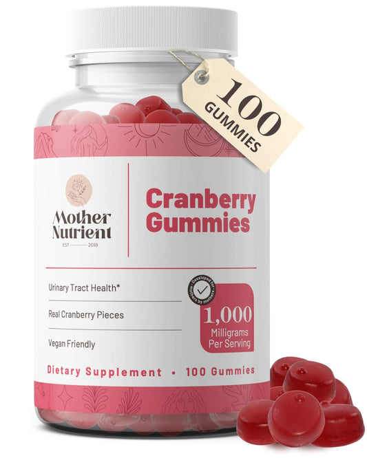 Mother Nutrient Cranberry Gummies Supplement for Women & Kids- Urinary Tract Health- Less Tart & 90% Less Sweet, Gluten-Free, Non-GMO, Vegan - Pure Cranberry Extract 1000mg - 100 Count.