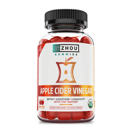 Zhou Apple Cider Vinegar Gummies - ACV Gummies for Women and Men with Elderberry, Delicious Taste with Raw Cane Sugar, USDA Organic - 60 Vegan Gummies