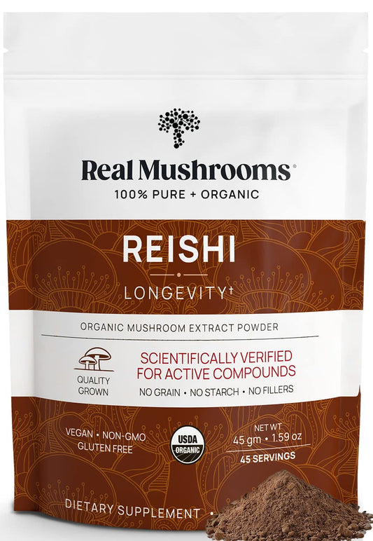 Real Mushrooms Reishi Mushroom Powder - Handpicked Organic Mushroom Extracts - Red Reishi for Tranquil Daily Wellness – Vegan, Non-GMO, Beta Glucan, Mushrooms Supplement Organic – 45 Servings