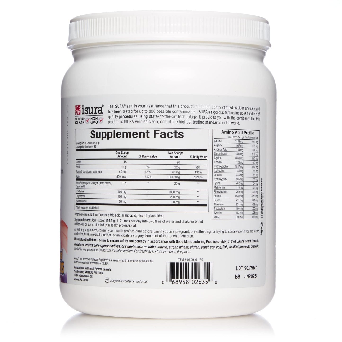 Natural Factors Total Body Collagen, Bioactive Peptides Powder for Healthy Skin, Hair & Joints, Pomegranate, 500 g