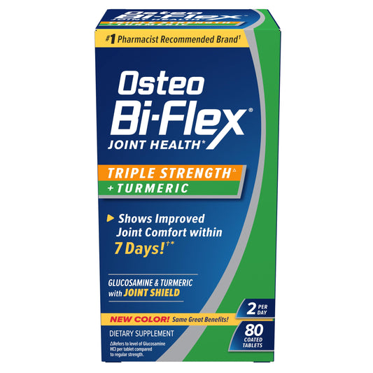Osteo Bi-Flex Glucosamine Triple Strength Plus Turmeric Supplement with Curcumin for Joint Support and Range of Motion, 40 Day Supply, 80 Coated Tablets, Joint Health Nutritional Supplements