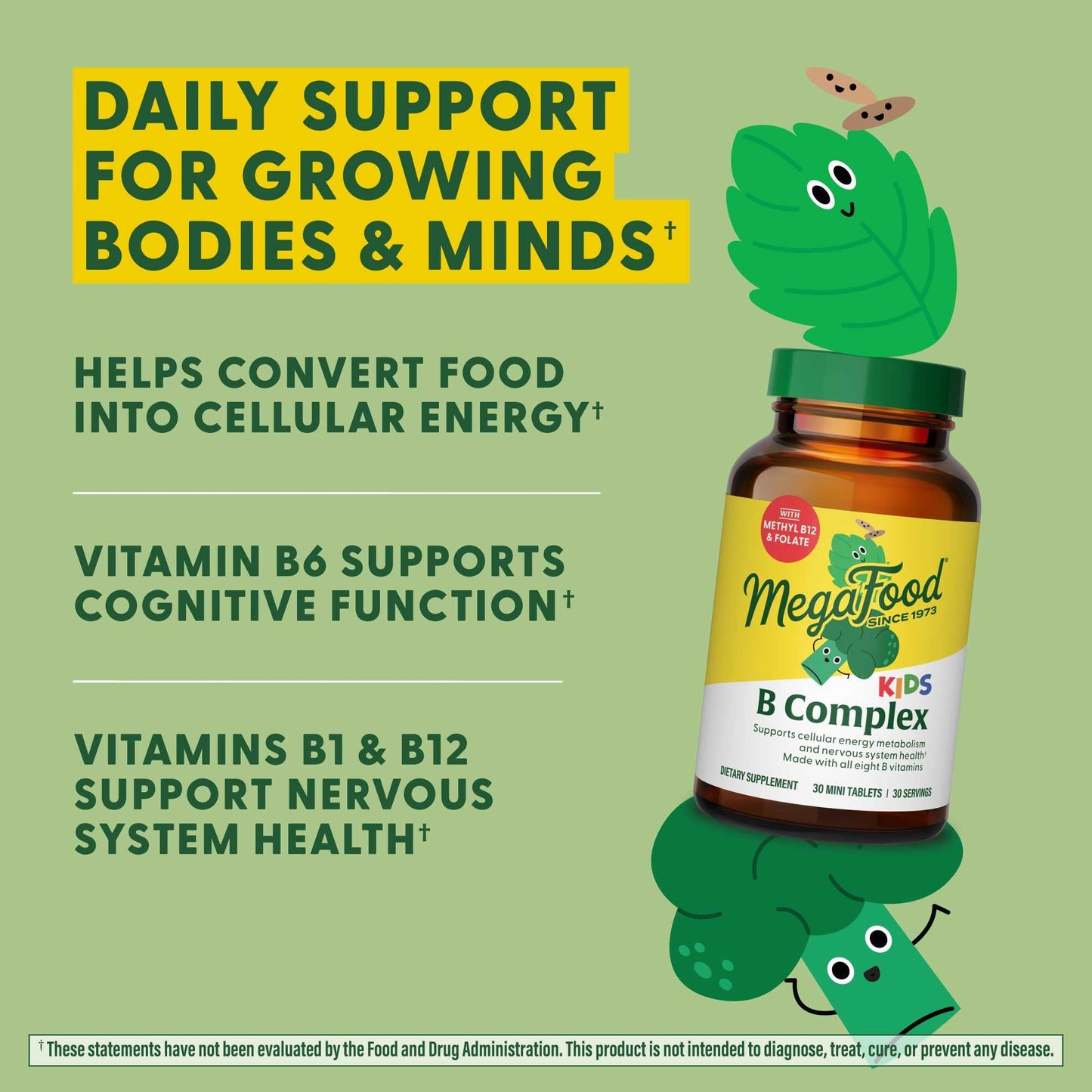 MegaFood Kids B Complex - B Complex Vitamin Supplement, 8 B Vitamins - Vitamin B6, Vitamin B12, Folate, Biotin & More, Supports Cellular Energy Production, Vegetarian, Gluten Free – 90 Mini Tablets