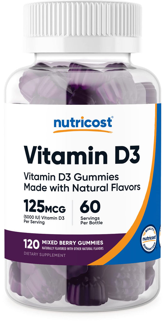 Pre-Order | Arrives in 5–10 Days – Nutricost Vitamin D3 Gummies 5,000 IU (125mcg), 120 Gummies - Mixed Berry Flavored, 60 Servings