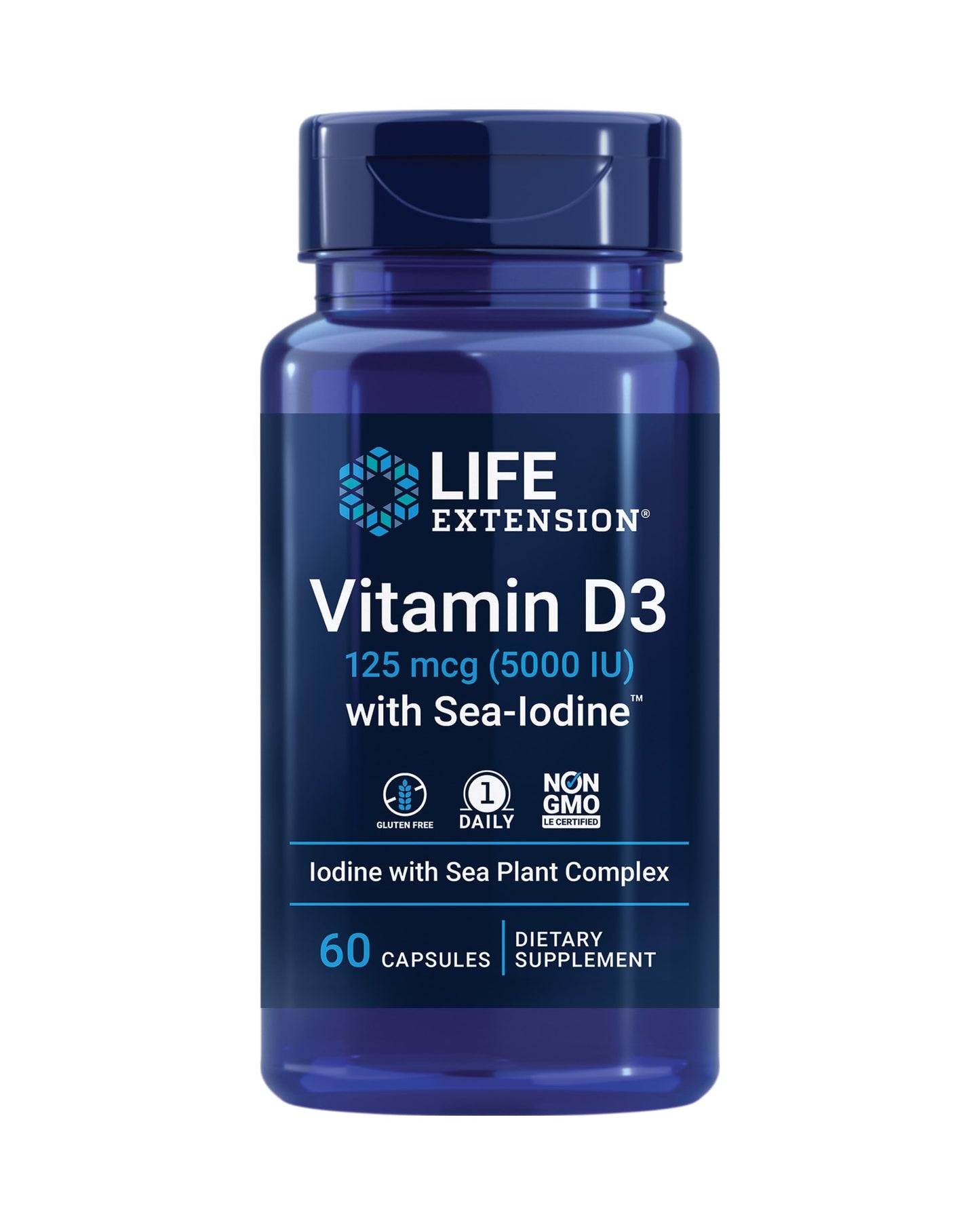 Life Extension Vitamin D3 125 mcg (5000 IU) with Sea-Iodine For Bone, Brain & Thyroid Support – Gluten-Free, Once Daily, Non-GMO – 60 Capsules