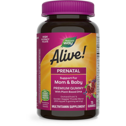 Nature’s Way Alive! Prenatal Premium Gummy Multivitamin, High Potency Folate, Plant-Based DHA, Vegetarian, Strawberry and Lemon Flavored, 75 Gummies