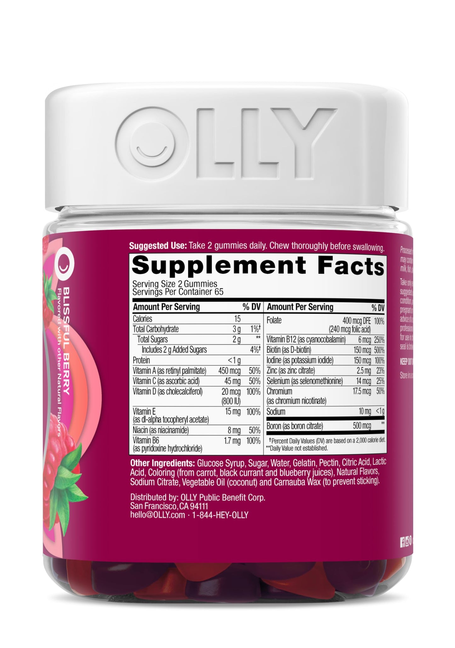 OLLY Women's Daily Multivitamin Gummy, Vitamins A, D, C, E, Biotin, Folic Acid, Adult Chewable Vitamin, Berry Flavor, 65 Day Supply - 130 Count
