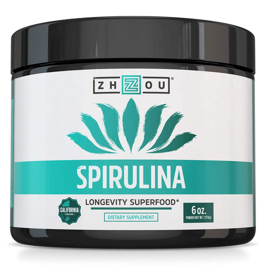 Zhou Spirulina Powder - Blue Green Spirulina Superfood for Women & Men with Vegan Protein, Chlorophyll & Phycocyanin for Smooth Energy & Longevity, Drink Mix for Smoothies - 6 oz Jar (48 Servings)
