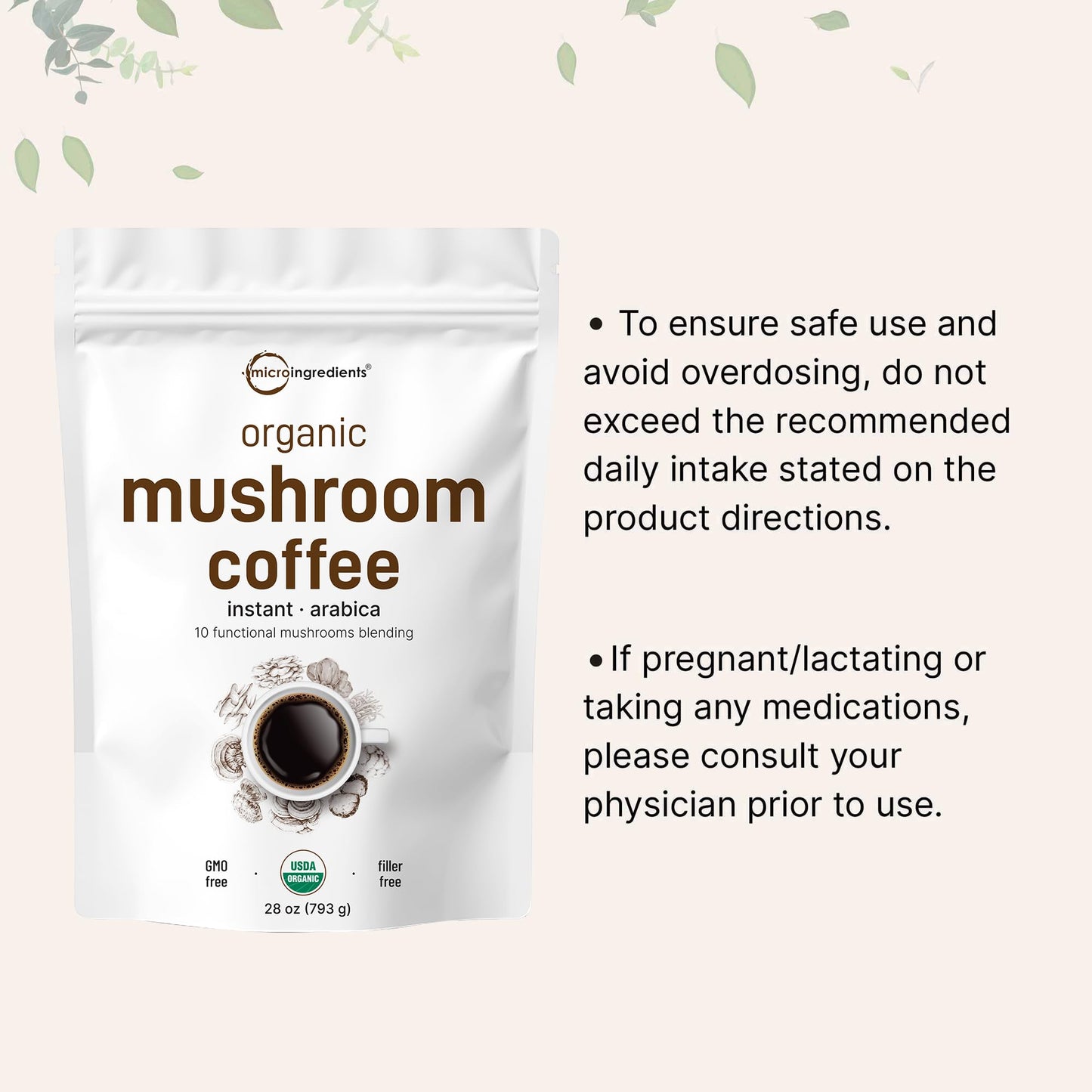 Pre-Order | Arrives in 5–10 Days – Organic Instant 10 in 1 Mushroom Coffee Powder, 28 Ounce (317 Servings) | Weight & Immune Support | Premium Arabica Coffee with Lion’s Mane, Chaga, Reishi,& More