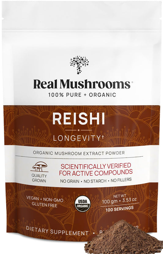 Real Mushrooms Reishi Mushroom Powder - Handpicked Organic Mushroom Extracts - Red Reishi for Tranquil Daily Wellness, Verified Beta Glucans – Vegan Non-GMO Mushrooms Supplement Organic– 100 Servings
