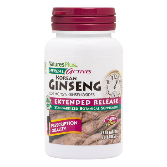Natures Plus Herbal Actives Korean Ginseng, Extended Release - 1000 mg, 30 Vegan Tablets - Adaptogenic Herbal Supplement, Antioxidant - Vegetarian, Gluten-Free - 30 Servings