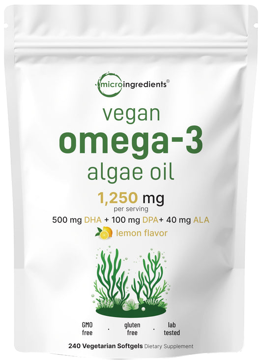 Micro Ingredients Vegan Omega 3 Algae Oil, 240 Veggie Softgels | Fish Oil Alternative | DHA 500mg & DPA 100mg | Carrageenan Free | Plant-Based Omega 3 with Flaxseed & ALA | Lemon Flavored