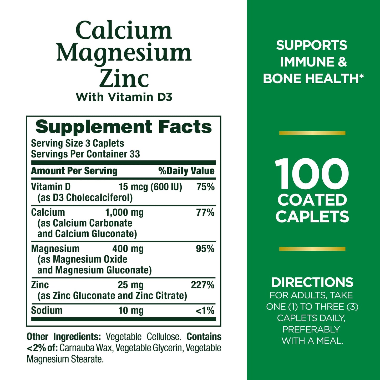 Nature's Bounty Calcium Magnesium & Zinc Caplets, Immune & Supporting Bone Health, 100 Caplets