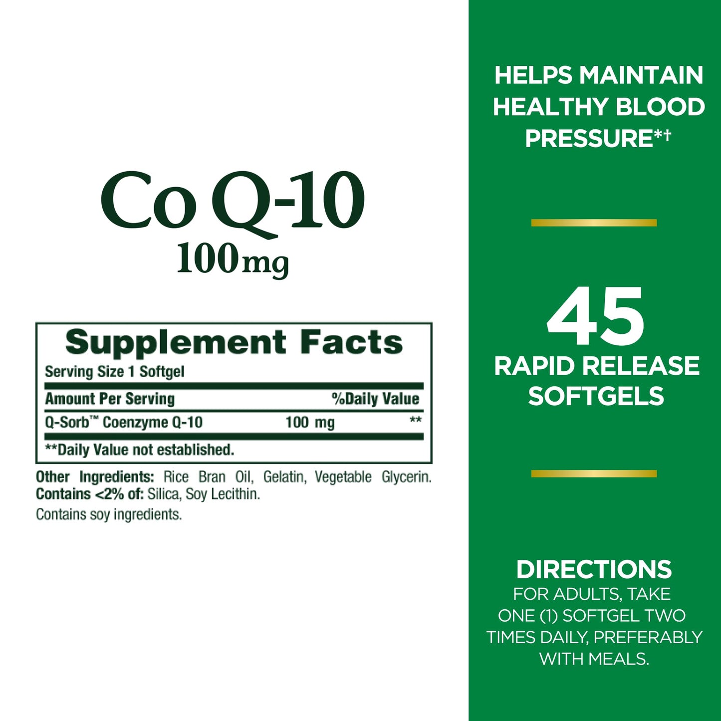 Nature's Bounty CoQ10 100mg for Heart Health Support, Non-GMO Q-Sorb Coenzyme Q-10 Antioxidant Support and Cardiovascular Wellness, Dietary Supplement, Rapid Release Softgels, 45 ct