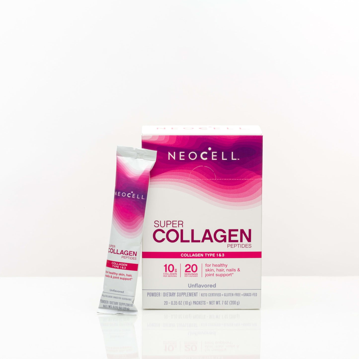 NeoCell Super Collagen Peptides, 10 g Collagen/Single-Serve Packet; Keto Certified, Gluten Free; for Healthy Skin, Hair, Nails and Joint Support;* Unflavored Powder, 20 Servs, 7 Oz.