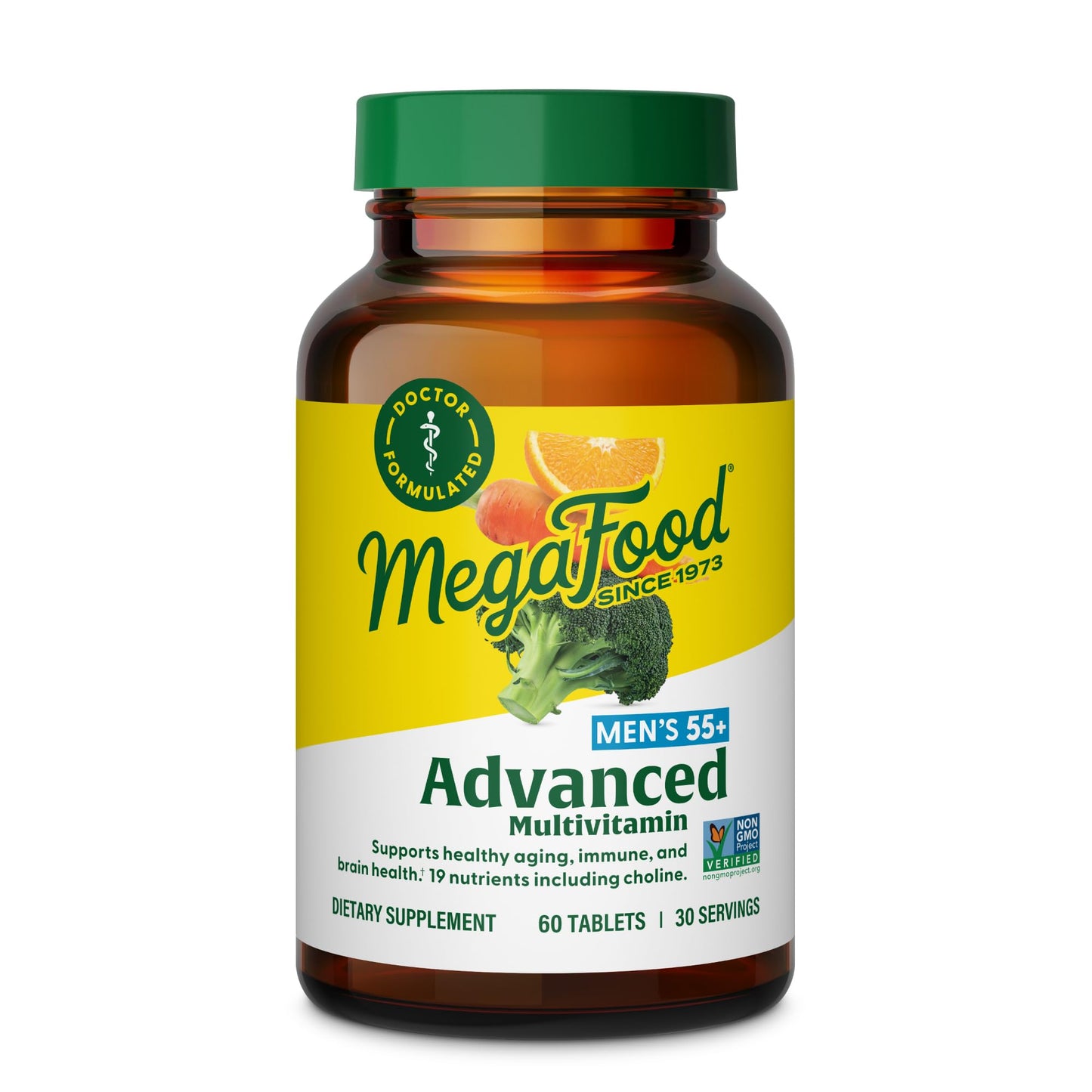 MegaFood Men's 55+ Advanced Multivitamin for Men - Doctor-Formulated -Choline, Vitamin D, Vitamin B12 – Plus Real Food – Brain Health Supplement for Adults & Immune Support - 60 Tabs (30 Servings)