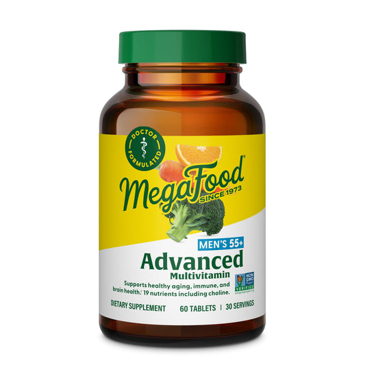 MegaFood Men's 55+ Advanced Multivitamin for Men - Doctor-Formulated -Choline, Vitamin D, Vitamin B12 – Plus Real Food – Brain Health Supplement for Adults & Immune Support - 60 Tabs (30 Servings)