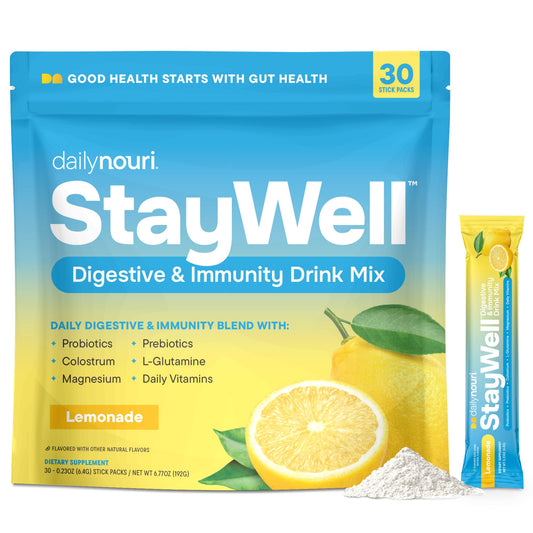 Pre-Order | Arrives in 5–10 Days – Daily Nouri StayWell Digestive & Immunity Drink Mix | Probiotics, Prebiotics, Colostrum, L-Glutamine, Magnesium, Manganese, Zinc, Vitamins for Gut Health, Digestion & Immune Support | 30 Stick Packs