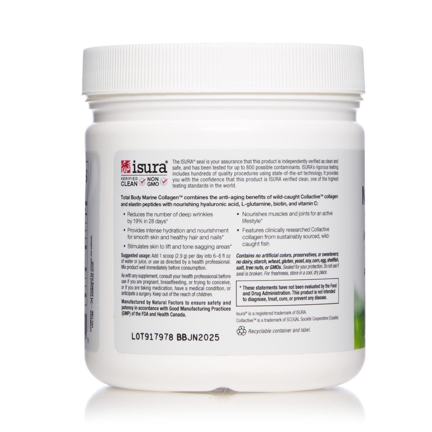 Natural Factors Total Body Marine Collagen, Bioactive Peptides Powder for Healthy Skin, Hair & Joints, Unflavored, 4.8 Oz