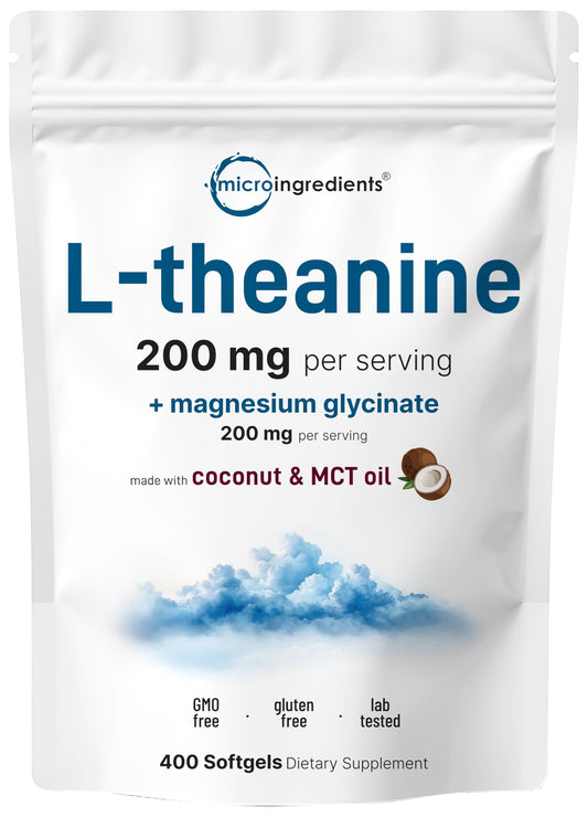 L-Theanine 200mg with Magnesium Glycinate, 400 Coconut MCT Oil Softgels | Relaxation, Focus & Muscle Support Supplement | 2-in-1 Amino Acid & Mineral Complex | Gentle Care All Day & Night
