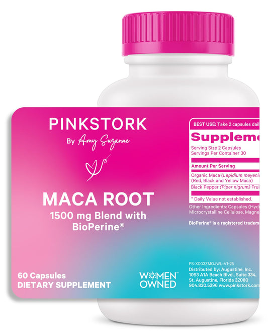 Pink Stork Maca Root Capsules for Women - Energy and Mood Support for Women, 1500 mg Organic Maca Root + BioPerine, Hormone Balance & Energy, PMS, Perimenopause, Menopause - 60 Capsules