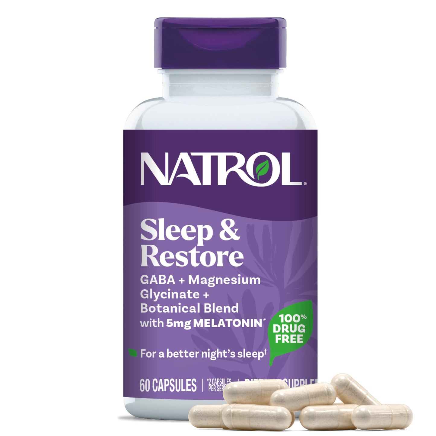 Natrol Sleep & Restore Capsules - Calm Magnesium Glycinate, Magnesium Sleep Aid with GABA, Melatonin 5mg, Botanical Blend, 30 Day Supply