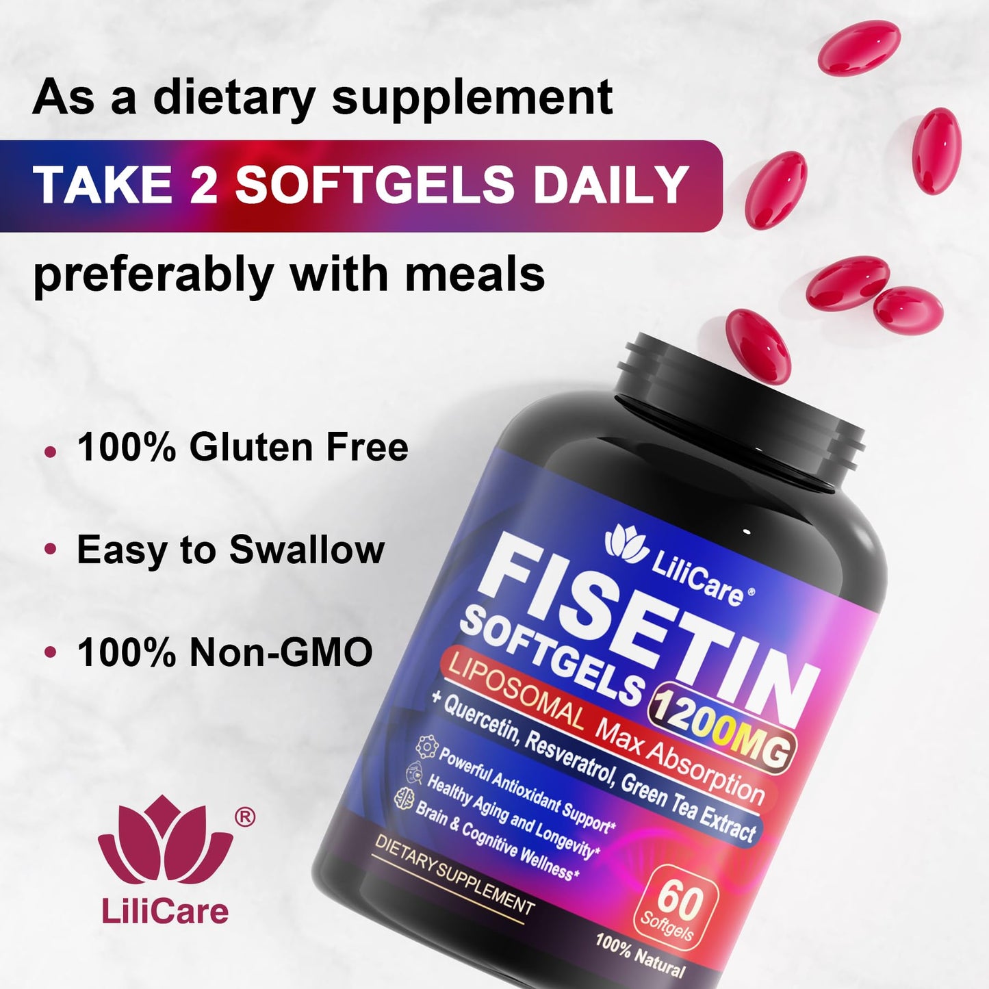 LILICARE Fisetin Supplement - Liposomal Super Absorption 98% Pure 1200mg with Quercetin, Resveratrol, Green Tea Extract for Healthy Aging & Longevity, Skin Health, Brain & Antioxidant - 60 Softgels