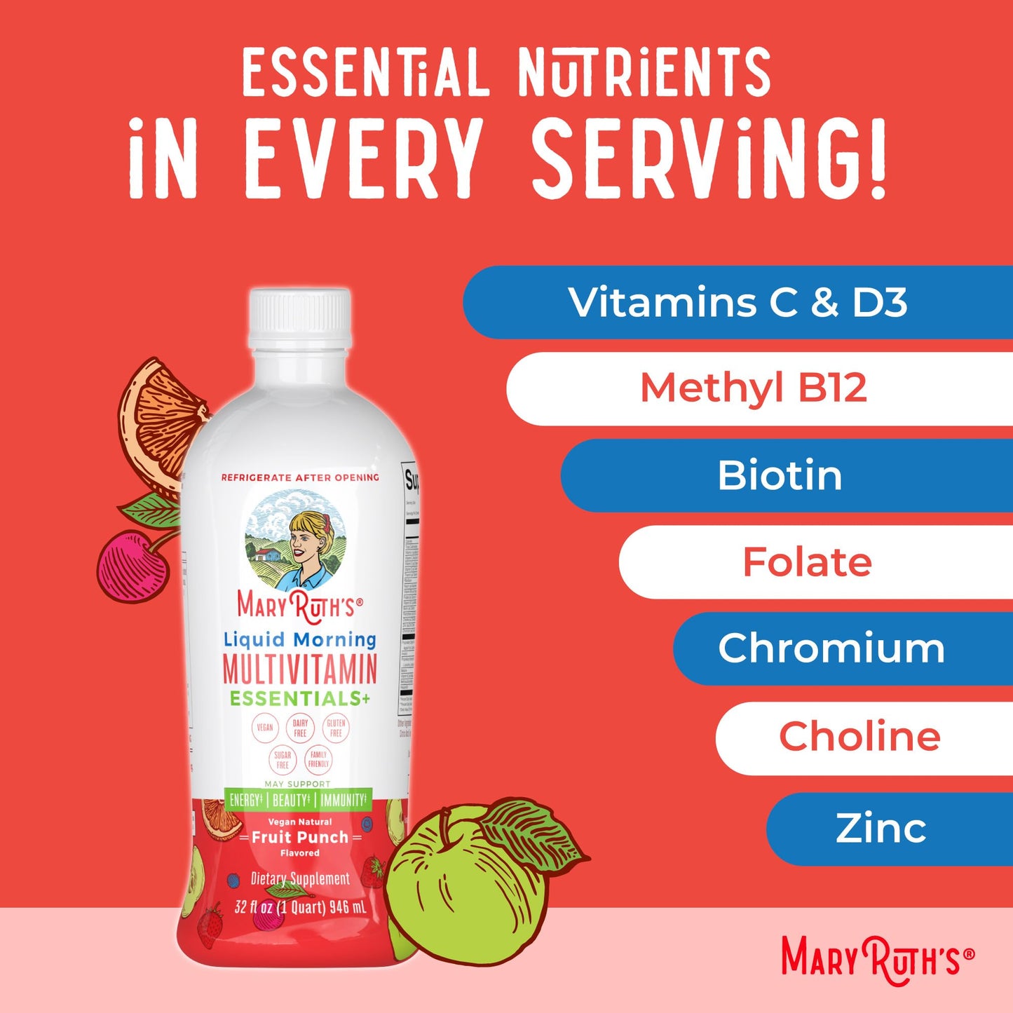 MaryRuth's Liquid Morning Multivitamin (Fruit Punch) & Liquid Nighttime Multimineral (Cranberry) | Clean Label Project Verified® | Vegan Vitamins for Energy, Bedtime, & Overall Health