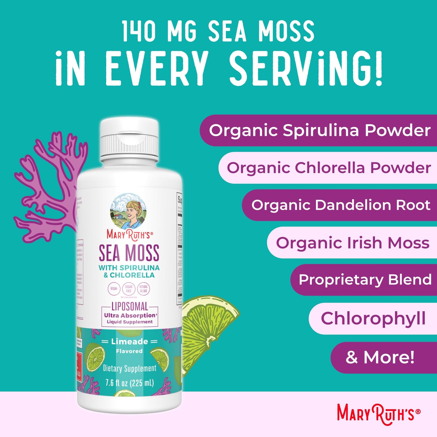 MaryRuth Organics Sea Moss Liposomal (Limeade) & Hair Growth MAX (Almond Cookie) | Clean Label Project Verified® | Vitamins for Energy, Immunity, & Beauty | Vegan, Gluten-Free, Non-GMO
