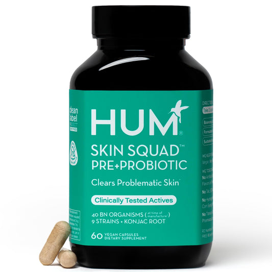 HUM Skin Squad - Probiotic Supplement for Clear Skin & Gut Health - Microbiome Probiotics for Breakouts (60-Count)
